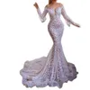 Luksusowa błyszcząca syrena sukienki ślubnej koraliki koronkowe cekiny Tassel pełny rękaw suknia ślubna kryształowa szata podłogowa