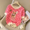 New design women's o-neck short sleeve letter jacquard deer embroidery cherry paillette knitted shirt tees plus size SMLXL