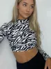 Tier Zebra-Print Backless Gestellte T-shirt Frauen Sexy Langarm T-shirt Damen Mode Crop Tops Tees Streetwear 220714