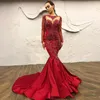 Vestidos de noite de sereia de cristal vermelho de luxo com trem destacável modesto mangas cheias de renda longa de renda de renda B0504