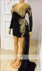 2022 Sexy Short Black Homecoming Dresses Illusion V Neck Long Sleeves Gold Lace Appliques Sheath Sequined Custom Party Graduation Formal Prom Cocktail Gowns