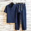 Zomerheren mode casual pure kleur katoen en linnen tweekleppel set korte mouw t -shirt groot formaat negen broek m5xl 220526