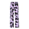 Women's Jeans Fashion Woman Mid Waist Loose Pocket Purple Cow Print Pants Leopard Straight Leg Long Pantalones De Mujer