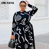 CM.YAYA Herbst Winter Frauen Geometrische Druck Oansatz mit Schärpen Langarm Maxi Kleid Elegante Plus Größe INS Lange Kleider 220516