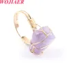 Gold-color Wire Wrap Open Rings Irregular Natural Stone Fluorite Crystal Purple Ring for Women Wedding BO904