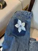 꽃 프린트 블루 스트레이트 청바지 여성 봄 새로운 단순 디자인 하이 허리 느슨한 얇은 넓은 다리 바지 암컷 데님 바지 L220728