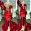 2022 Plus Size Arabic Aso Ebi Red Mermaid Velvet Prom Dresses Lace Sexig kväll Formell Party Second Reception Birthday Engagement Gowns Dress ZJ255