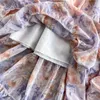 Casual Dresses Floral Print Chiffon Maxi Dress Long Puff Sleeve Pleated Sundress Robe Femme Edible Tree Stand Collar Vestidos