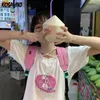 Camiseta feminina de Kosahiki Kawaii Summer Summer Chic Lace Bandagem O-Gobes Top STREETHEATH Harajuku Sweet Cartoon Print T-shirts 220511