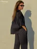 CLACive Casual Loose Black Satin Home Suit Women Summer Short Sleeve Shirts Two Piece Pants Set Elegant High Midist Trouser Suits 220511