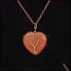 Konst och hantverk Healing Crystal Natural Stone Heart Charms Halsband Copper Twine Tree of Life Wire Wrap Pendant Turquoise Sports2010 DHMMX