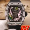 Super Edition Miyota Automatic Mens Horloge Verdichte Diamanten Case Case Skeleton 3D 3 Fish Playing Water Lotus Blad Kleur Dial Black Rubber Puretime01 5701