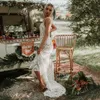 Spaghetti Paski Koronki Boho Suknia Ślubna Rustykalny Styl Backless Mermaid Bohemian Hippie Cywilne suknie ślubne z pociągiem 2022 Bride Dresses Chic Robe de Mariée