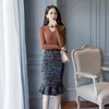 Vintage Korean Fashion Women Mermaid Skirts Elegant Japanese Office Lady High Waist Stretch Plaid Package Hip Jupe Femme 220322