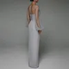 Casual Dresses Evening Party Dress Women Elegant Puff Sleeve White Formal High midje Split Hollow Out Mesh Prom Wedding Long Maxi280f