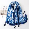 Cotton Linen Feel Tassel Scarf Blue and White Contrast Shawl Office Air Conditioning Warm Towel Outdoor Travel Accessories Beach Towel