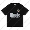 디자이너 T 셔츠 판매 잘한 Rhude Wheat Ear Grand Prix Letter Retro High Street 1 1 품질 느슨한 짧은 슬리브 티셔츠 Black S-XL High