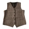 Mens Suit Vests 남자 갈색 검은 양토 코트 조끼 남자 Plaid Steampunk 재킷 줄무늬 트위드 Vneck 슬림 한 gilet 웨딩 의류 220704