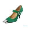 Sandalet Süet Kadın Yeşil Ayakkabı Tokalı Moda Metal Toe Ladies Pompalar Bahar Elbise Üzerinde Balo 9.5 cm