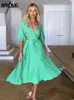 Aproms Elegant Deep V-neck Green Cotton Midi Dress Women Summer 2022 Half Sleeve Drawstring Waist Cut-out Holiday Dresses Female Y220413