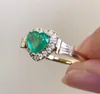 Prinsessan White Sapphire Gold Emerald Gemstone Diamond Heart Rings for Women Wedding Engagement Smycken