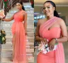 Bridemaid 2022 Watermelon Red Dree Mermaid Tulle Chiffon Cutom Made One Shoulder Slit Plu Size Maid of Honor Gown Country Beach Wedding Party Wear