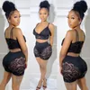 Women's Tracksuits Black Sexy Outfit Woman Summer 2 Piece Sets Lace Sheer Bralette Crop Top And Shorts Matching ClubwearWomen's