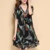 New Summer Women Loose Style Slim Retro Dresses V-neck Beading Printing Lotus leaf Short Sleeve Chiffon Pleated Casual Dress Black Size L