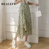 REALEFT Summer Skirts Female Elegant French Style Ruffled Fishtail Aline High Waist Adjustable Onepiece Floral Skirt 220521