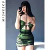 Kvinnor Sexig svart mesh Patchwork Bodycon Mini Dress Strap Cut Out Green Dress spets spetsig Slim UK Robe Summer 220509