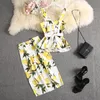 ALPHALMODA Sweet Tank Top Straight Skirt Women 2pcs Suit Ruffled Printed Blouses Outfit Knee Length Skirt Set 220725