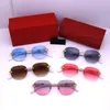 Sommer-Sonnenbrille für Damen, rundes Brillengestell, elfenbeinfarbene Bügel mit goldbesetzter Schnalle, randlose Damen-Sonnenbrille aus Verbundmetall, luxuriöse Designer-Sonnenbrille für Damen