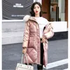 Winter Thick Warm Coat Women New Fur Collar Hooded Down Cotton Coat White Pink Green Loose Glossy Long Parkas Jacket L220730