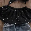 Kläderuppsättningar 0-36månter Baby Girls Summer Outfits Off Shoulder Polka Dot Tops Ripped Jeans Bow pannband Casual 3st SetClothing