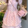 Summer Floral Kawaii Party Mini Dress Women Print Pink Korean Style Chic Fairy Dress Puff Sleeve Princess Sweet Cute Dress 220517