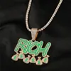 Hip Hop Iced Out Letter Rich Wallet Gloeiende Hanger Ketting Diamant Geldzakken met touw Chian