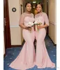 2022 Blush Pink Sheer Jewel Neck Bridesmaid Dresses 12 Sleeve Mermaid Floor Length Black Girls Maid of Honor Gown Wedding Guest Dr189B