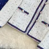 Ny design kvinnors färgblock o-hals tweed ull lurex höst vårjacka långärmad kappa ml
