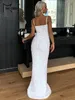 MASSORD Maxi Elbise Kadın Sequins v Boyun Partisi Moda Seksi Akşam Spagetti Strap Bodycon Uzun Elbiseler Kolsuz Beyaz 220510