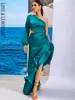 LOVE&LEMONADE Sexy Green Off-The-Shoulder Cutout Ruffled Reflective Satin Party Maxi Dress LM82202-1 GREEN 220507