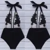 Women Red Swimwear Sexy Summer Floral Embroidery Swim Wear Halter Women Swimsuit Push Up Bikini High Waist One Piece Monokini