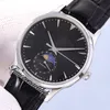 Mistrz Ultra Cienki Q1368430 Księżyc Faza Automatyczny Zegarek Mężczyzna Stalowa Obudowa Czarna Dial Silver Stick Markery Skórzany Pasek TimeZonewatch Y10B2