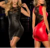 Femmes Sexy Robe Moulante O Cou Wet Look Fetish PU Cuir Dos Nu Dentelle Slim Mini es Club Wear Vêtements 220613