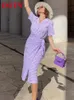 ootn lavander purple plaidドレスサマーラップオフィスレディノッチミディドレス女性エレガントなストリートレースアップスリットペンシルドレストレンド220511