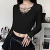 Goth Black Bodycon Crop Üst Kadın T-Shirts Estetik Seksi V Yaka Uzun Kollu Korse Y2K Harajuku Vintage Kore Moda Tops 220510