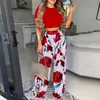 Summer Women Two Piece Set Elegant Print Office Lady Outfits Elegant O Neck Short Sleeve Shirt Pullover Wide Ben Pants Suits 220812