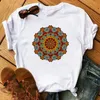 Maycaur Mandala Floral Printed T 셔츠 여성 캐주얼 패션 Tshirt 느슨한 짧은 소매 90 년대 소녀 미학 블랙 티셔츠 탑 220526