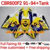 Body +zbiornik dla Honda CBR600 CBR 600 F2 FS CC 600F2 91-94 Bodywork 140NO.11 600FS 600 cm3 CBR600F2 91 92 93 94 CBR600-F2 CBR600FS 1991 1992 1993 1994 Fairing Kit Płaskie srebrne srebrne srebrzyste