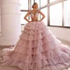 Blush rosa aftonklänningar för kvinnor tyll plöjning puff prom klänningar kristaller lyxfest röd matta vestido de novia