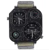 Time GMT двойные военные мужские часы из нержавеющей стали с задней крышкой уличные кварцевые часы холст ремешок компас 50 мм большой квадратный циферблат мужской